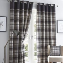 Portfolio Home Orleans Tartan Check Striped Fully Lined Eyelet Curtains 2 Panel Pair in Grey - Size: 117 cm width x 183 cm drop - thumbnail 2