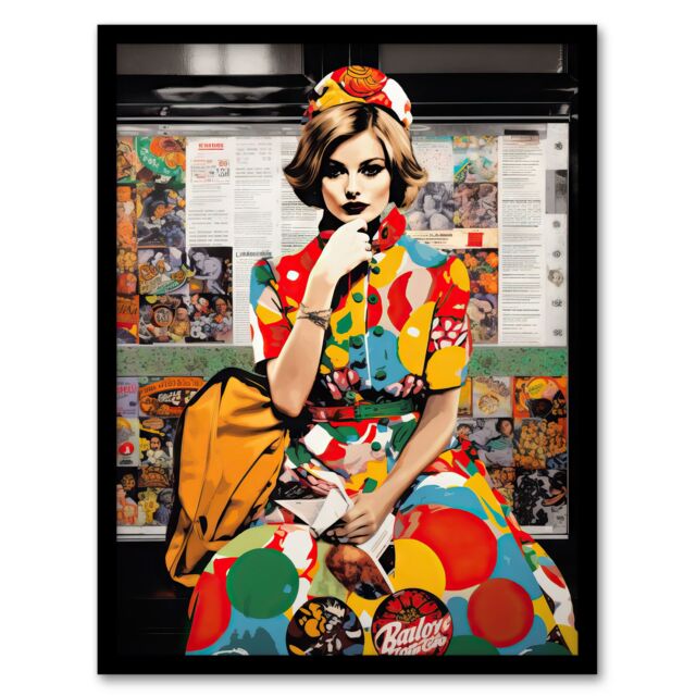 Artery8 Wall Art Print Vintage Meets Pop Art Fashion Advert Collage Artwork Woman In Retro Pattern Dress Bus Stop Train Vibrant Colourful Bold Pop - image 1