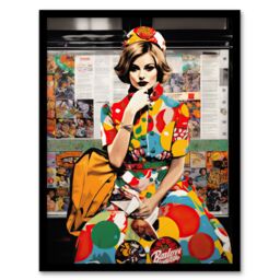 Artery8 Wall Art Print Vintage Meets Pop Art Fashion Advert Collage Artwork Woman In Retro Pattern Dress Bus Stop Train Vibrant Colourful Bold Pop - thumbnail 1