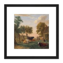 Artery8 Paul Gabriel Cows In A Meadow Near A Farm Painting 8X8 Inch Square Wooden Framed Wall Art Print Picture with Mount in Black - thumbnail 1
