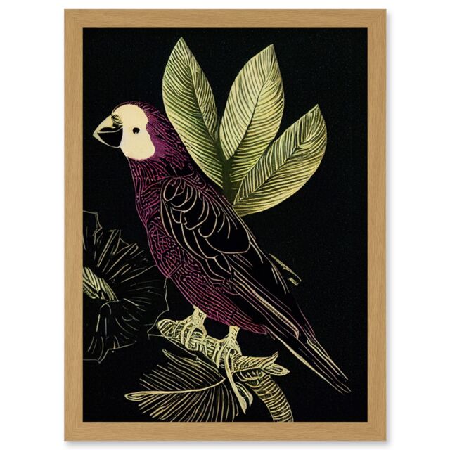 Artery8 Burgundy Parrot Leaves Tree Branch on Black Vintage Linocut Illustration Artwork Framed Wall Art Print A4 in Light Oak - image 1