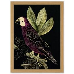 Artery8 Burgundy Parrot Leaves Tree Branch on Black Vintage Linocut Illustration Artwork Framed Wall Art Print A4 in Light Oak