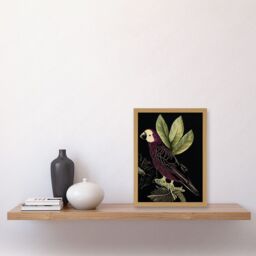 Artery8 Burgundy Parrot Leaves Tree Branch on Black Vintage Linocut Illustration Artwork Framed Wall Art Print A4 in Light Oak - thumbnail 2