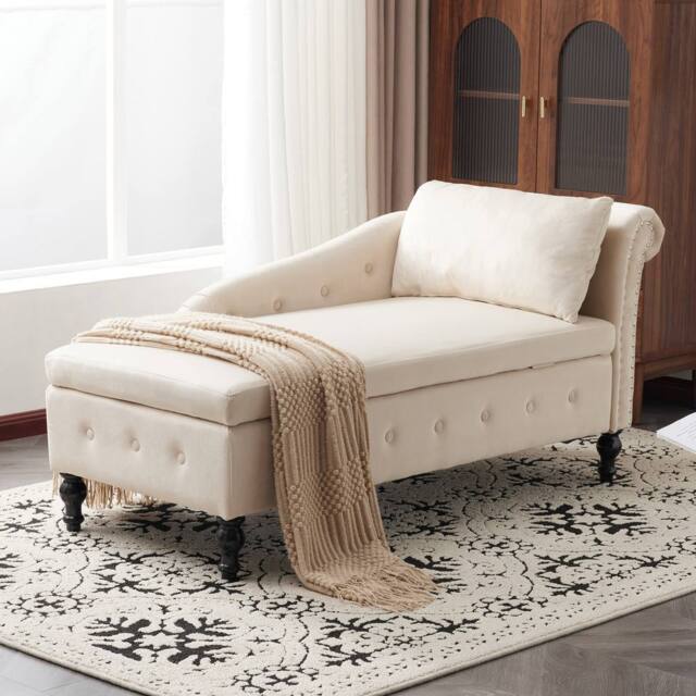 BTM Velvet Chaise Lounge with Storage & Pillow, Right Armrest in Beige - Size: 1 Pack - image 1
