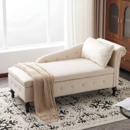 BTM Velvet Chaise Lounge with Storage & Pillow, Right Armrest in Beige - Size: 1 Pack - thumbnail 5