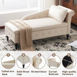 BTM Velvet Chaise Lounge with Storage & Pillow, Right Armrest in Beige - Size: 1 Pack - thumbnail 8