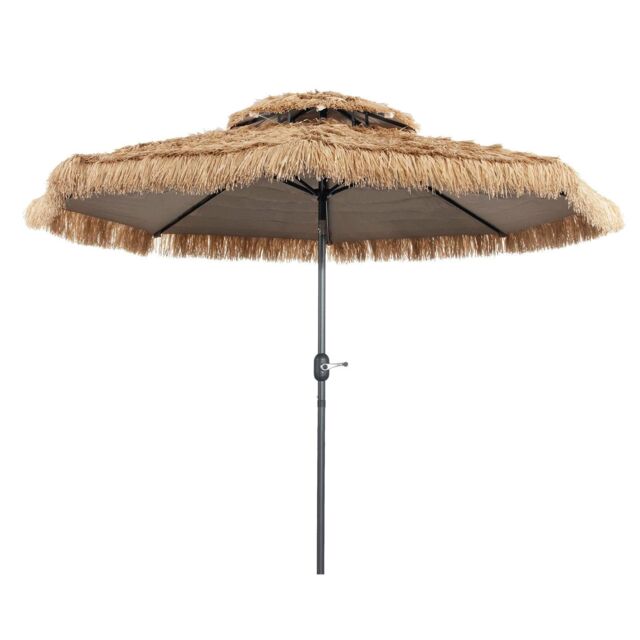 3M Hula Thatched Patio Tiki Umbrella Hawaiian Umbrella w/ Manual Crank