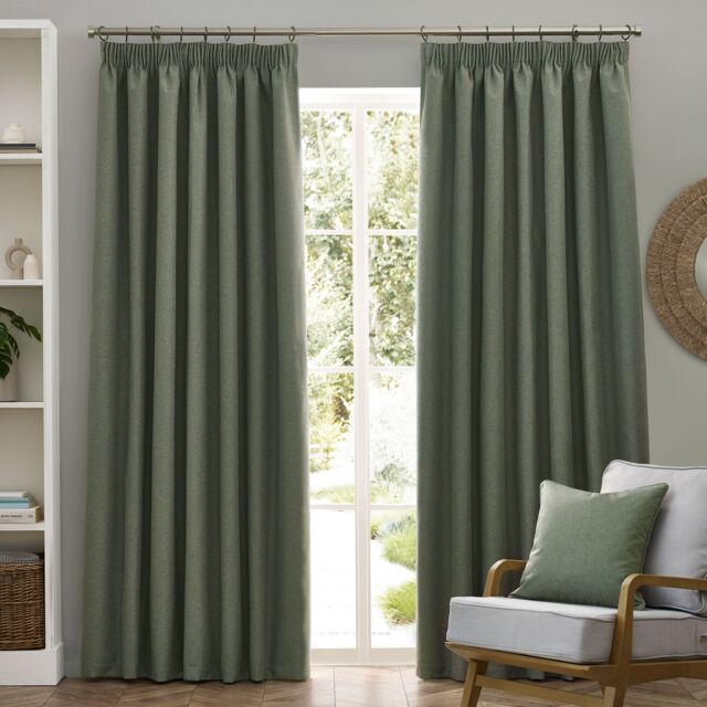 Furn Dawn Blackout Pencil Pleat Curtain Pair in Green - Size: 117 cm width x 183 cm drop - image 1