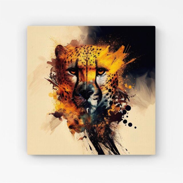 "Warren Reed - Designer Cheetah Face Splashart Canvas in Yellow - Size: W16"" x H16""" - image 1