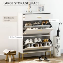 HOMCOM Shoe Cupboard for Hallway with Flip Drawers 12 Pair Shoe Storage in White - thumbnail 4