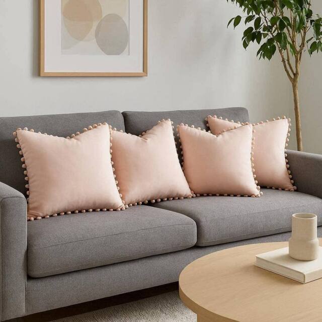 Luxury Living Set of 4 Velvet Cushions with Pom Trim with pads in Pink - Size: 43 cm x 43 cm - image 1