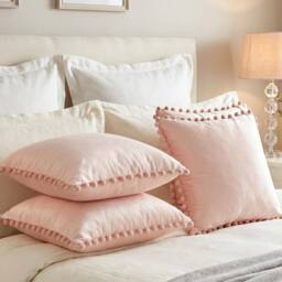 Luxury Living Set of 4 Velvet Cushions with Pom Trim with pads in Pink - Size: 43 cm x 43 cm - thumbnail 5