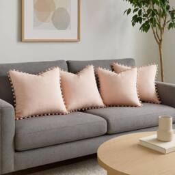 Luxury Living Set of 4 Velvet Cushions with Pom Trim with pads in Pink - Size: 43 cm x 43 cm - thumbnail 1