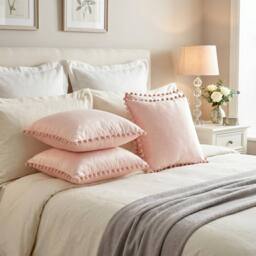 Luxury Living Set of 4 Velvet Cushions with Pom Trim with pads in Pink - Size: 43 cm x 43 cm - thumbnail 7