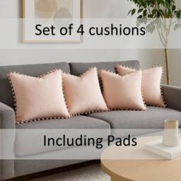 Luxury Living Set of 4 Velvet Cushions with Pom Trim with pads in Pink - Size: 43 cm x 43 cm - thumbnail 6