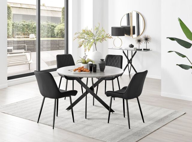 FurnitureboxUK Novara Grey Concrete Effect Black Leg 120cm Round Dining Table & 4 Pesaro Black Leg Chairs - image 1