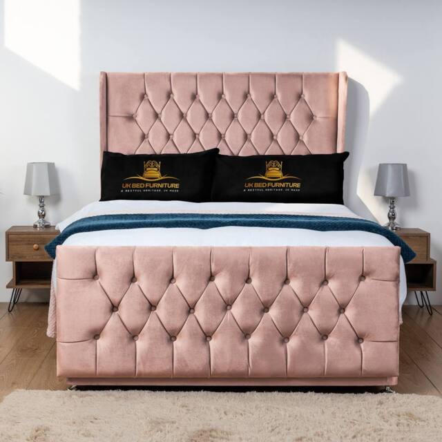 UK Bed Furniture Balamore Wingback Divan Bed Base with 54 Inch Headboard - No Storage in Pink - Size: King - image 1