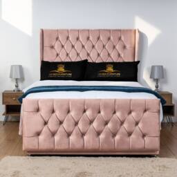 UK Bed Furniture Balamore Wingback Divan Bed Base with 54 Inch Headboard - No Storage in Pink - Size: King