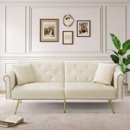 Rolipo 2-Seater Velvet Sofa Bed With Adjustable Backrest & Gold Legs in White - thumbnail 2