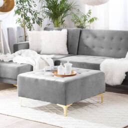Wyld and Coco Grey Velvet Tufted Ottoman with Gold Legs