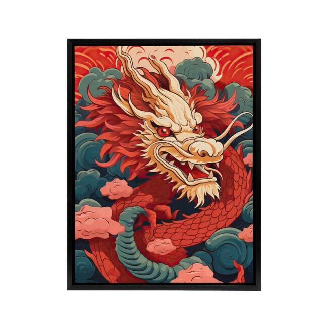 "Artery8 Chinese Dragon & Sunset Clouds Framed Canvas Wall Art Print in Red - Size: W12"" x H16""" - image 1