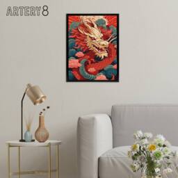 "Artery8 Chinese Dragon & Sunset Clouds Framed Canvas Wall Art Print in Red - Size: W12"" x H16""" - thumbnail 3