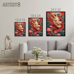 "Artery8 Chinese Dragon & Sunset Clouds Framed Canvas Wall Art Print in Red - Size: W12"" x H16""" - thumbnail 4