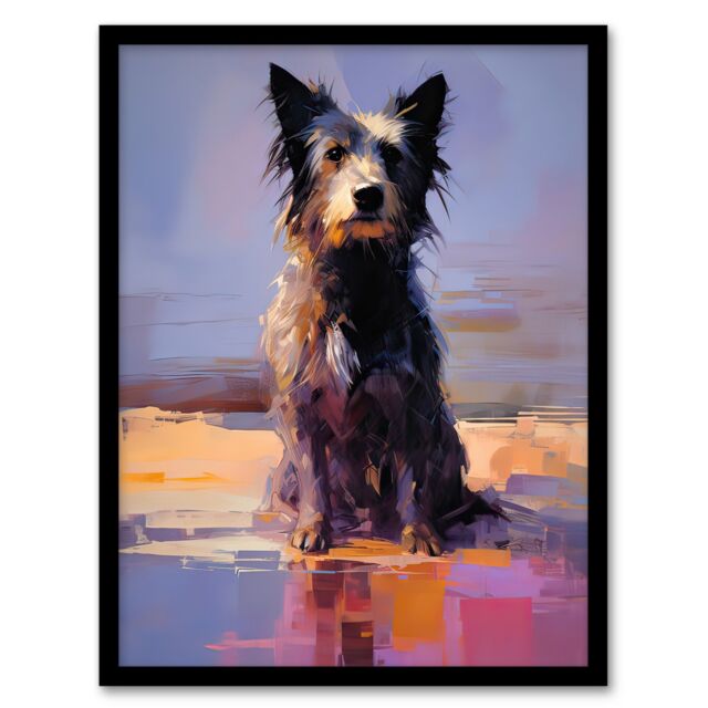 Artery8 Wall Art Print Border Collie at the Beach Oil Painting Portrait Framed in Blue - Size: A4 - image 1