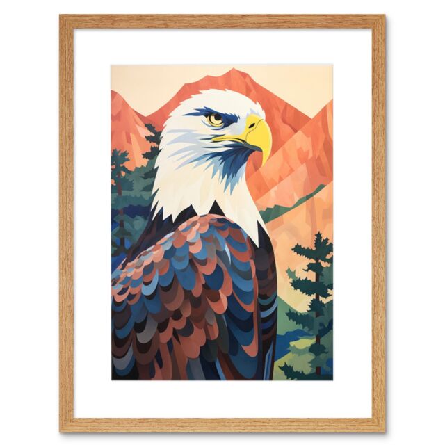 "Artery8 Wall Art Print Majestic Bald Eagle Forest Mountain Landscape Graphic Artwork Framed 9X7 Inch in Beige - Size: W7"" x H9""" - image 1