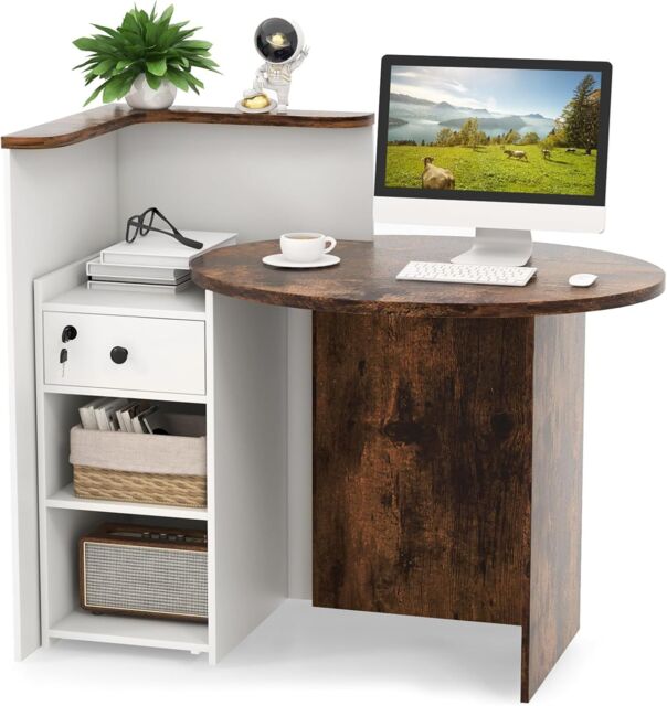 Gymax Counter Desk Reception Desk With Lockable Drawer & Adjustable Shelf in Brown - image 1