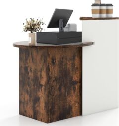 Gymax Counter Desk Reception Desk With Lockable Drawer & Adjustable Shelf in Brown - thumbnail 2
