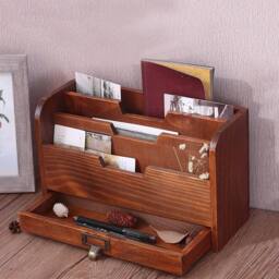 Kelvenix Rustic Wooden File Storage Box Desktop Letter Tray in Brown - thumbnail 5
