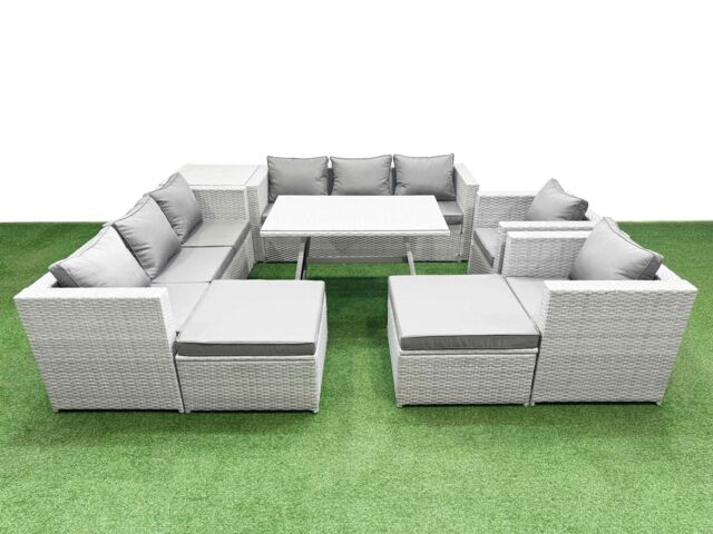 Fimous 10 Seater Garden Furniture Set with 2 Big Stool Side Table Light Grey - image 1