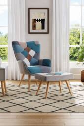 H&O Direct Blue Colour Block Upholstered Wingback Armchair with Footstool - thumbnail 1