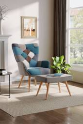 H&O Direct Blue Colour Block Upholstered Wingback Armchair with Footstool - thumbnail 2
