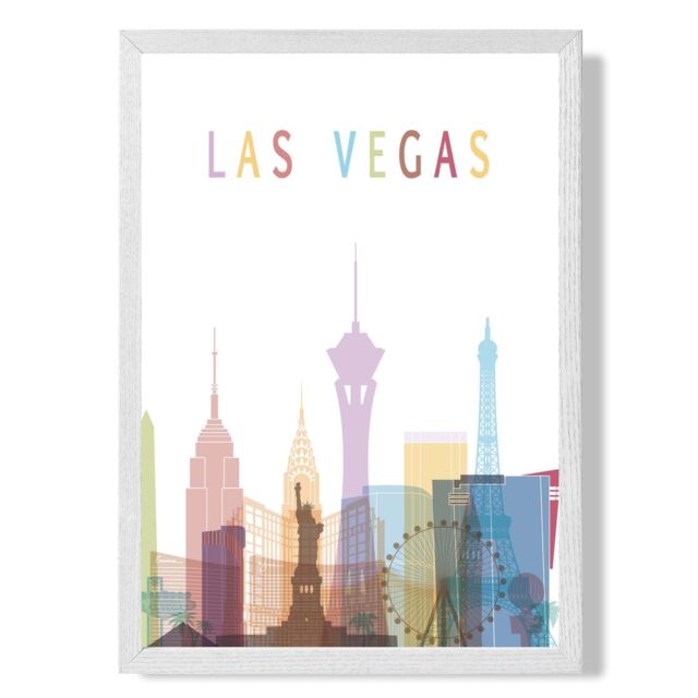 ARTZE Las Vegas Colourful City Skyline Framed Print SIZE: A3 with White Frame in Pale Blue - Size: A4 - image 1