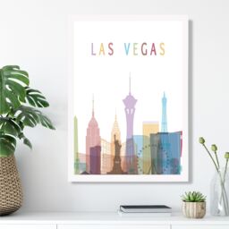 ARTZE Las Vegas Colourful City Skyline Framed Print SIZE: A3 with White Frame in Pale Blue - Size: A4 - thumbnail 2