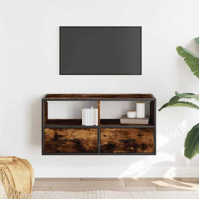 Berkfield Home TV Cabinet Smoked Oak 80x31x39.5 cm Engineered Wood & Metal in Brown - image 1