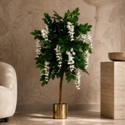 Leaf 130cm Artificial Wisteria Tree White Flowers Gold Planter in Green