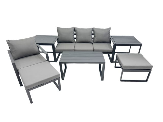 Fimous 6 Seat Aluminium Lounge 3 Seat Sofa Coffee Table Sets with 2 Big Stool in Dark Grey - image 1