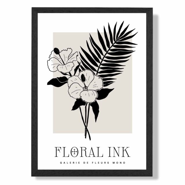 ARTZE Hibiscus Flowers in Black & Beige Floral Ink Sketch Framed Print SIZE: A2 with Black Frame - Size: A4 - image 1