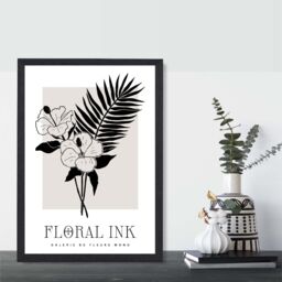 ARTZE Hibiscus Flowers in Black & Beige Floral Ink Sketch Framed Print SIZE: A2 with Black Frame - Size: A4 - thumbnail 2