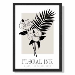 ARTZE Hibiscus Flowers in Black & Beige Floral Ink Sketch Framed Print SIZE: A2 with Black Frame - Size: A4 - thumbnail 1