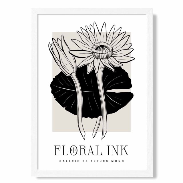 ARTZE Water Lillies in Black & Beige Floral Ink Sketch Framed Print SIZE: A3 with White Frame - Size: A4 - image 1