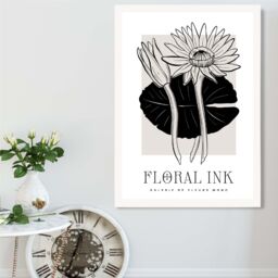 ARTZE Water Lillies in Black & Beige Floral Ink Sketch Framed Print SIZE: A3 with White Frame - Size: A4 - thumbnail 2