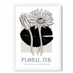 ARTZE Water Lillies in Black & Beige Floral Ink Sketch Framed Print SIZE: A3 with White Frame - Size: A4 - thumbnail 1
