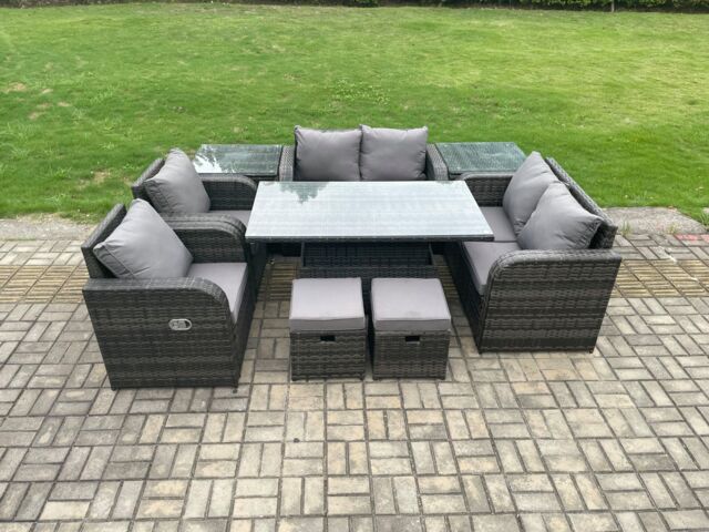 Fimous Wicker PE Rattan Furniture Garden Dining Set Outdoor Height Adjustable Rising lifting Table Love Sofa Chair in Dark Grey - image 1