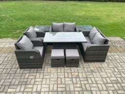 Fimous Wicker PE Rattan Furniture Garden Dining Set Outdoor Height Adjustable Rising lifting Table Love Sofa Chair in Dark Grey - thumbnail 1