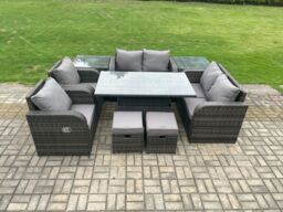 Fimous Wicker PE Rattan Furniture Garden Dining Set Outdoor Height Adjustable Rising lifting Table Love Sofa Chair in Dark Grey - thumbnail 2