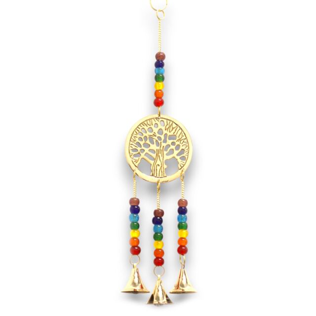 KDMD Indian Chimes - Brass Tree of Life with Chakra Beads - 3 Bells in Gold